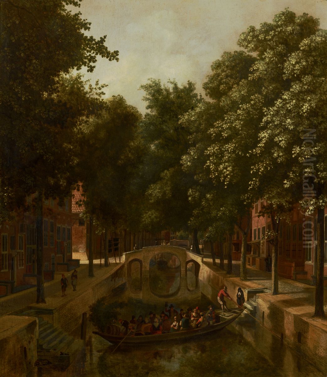 View of a Dutch Canal, possibly the Oude Gracht in Haarlem Oil Painting by Job Adriaenszoon Berckheyde