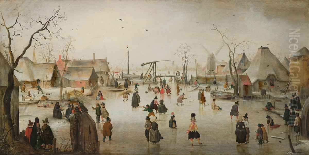 IJsvermaak bij een dorp Oil Painting by Hendrick Avercamp