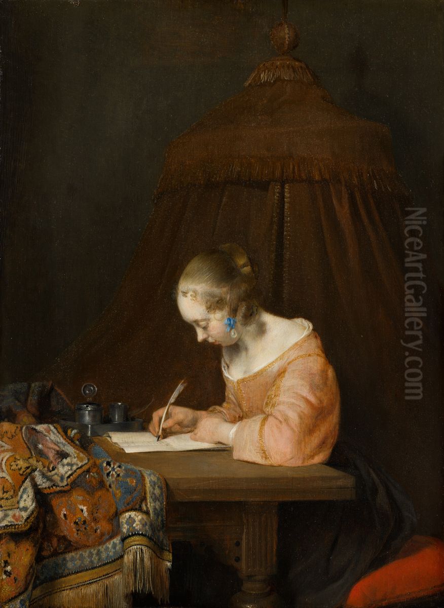 De briefschrijfster Oil Painting by Gerard Ter Borch