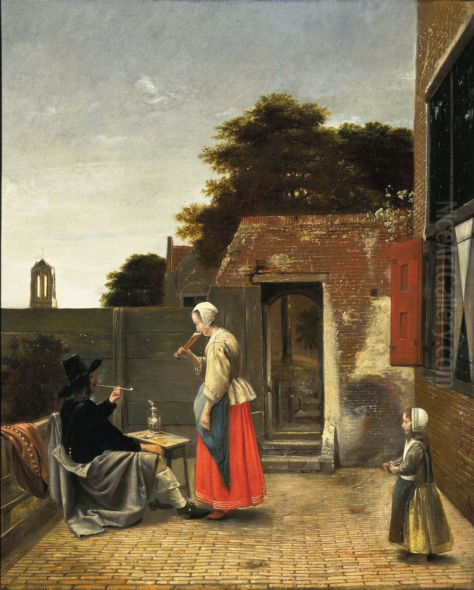 A Man Smoking and a Woman Drinking in a Courtyard Oil Painting by Pieter De Hooch