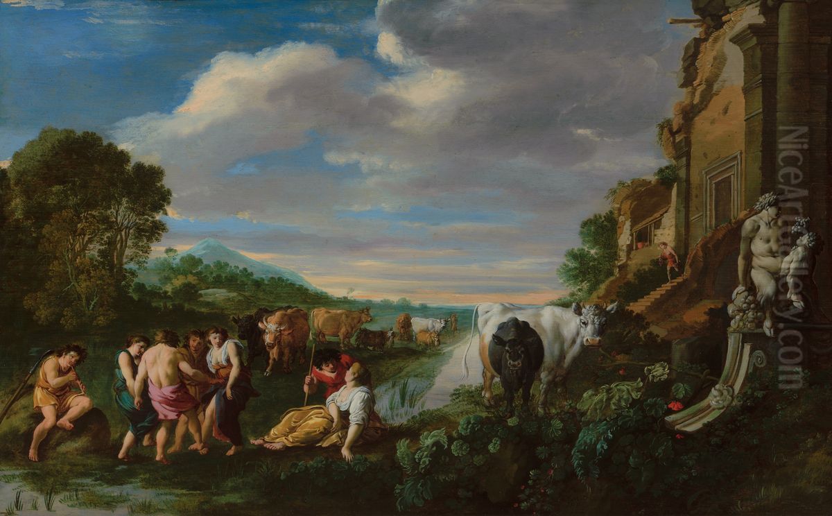 Landscape with Shepherds Oil Painting by Moses van Uyttenbroeck