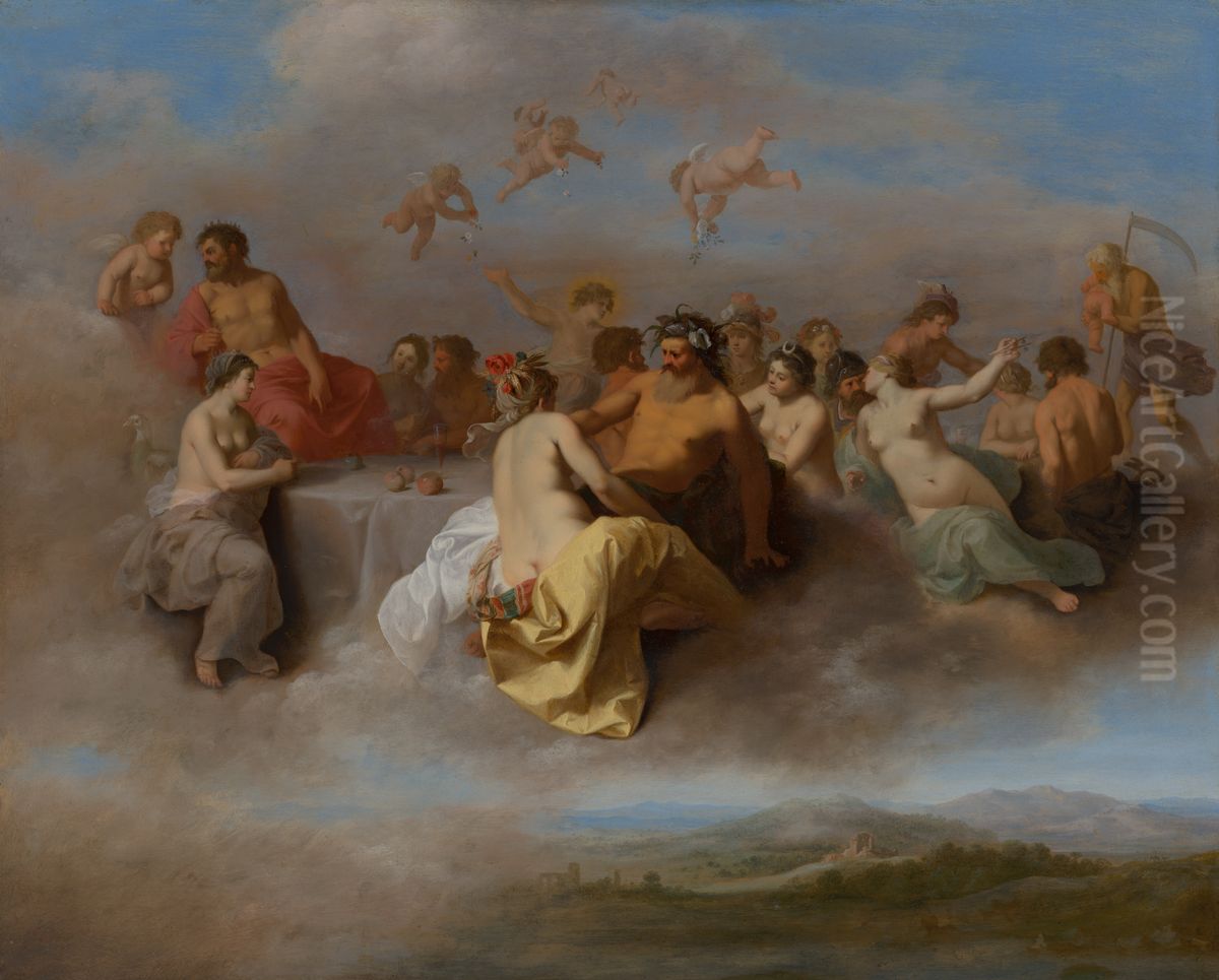 A gathering of the gods in the clouds Oil Painting by Cornelius van Poelenburgh