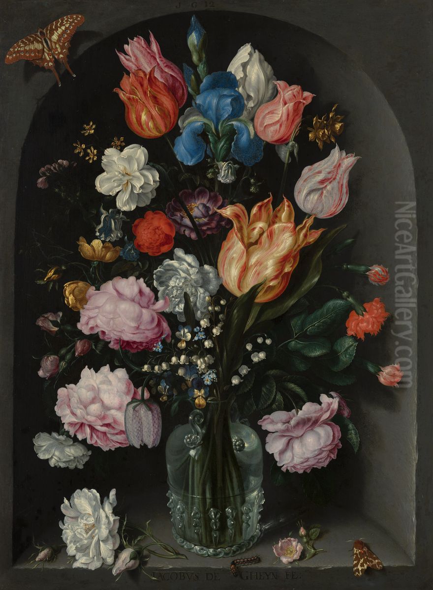 Flowers in a Glass Flask Oil Painting by Jacob de Gheyn II