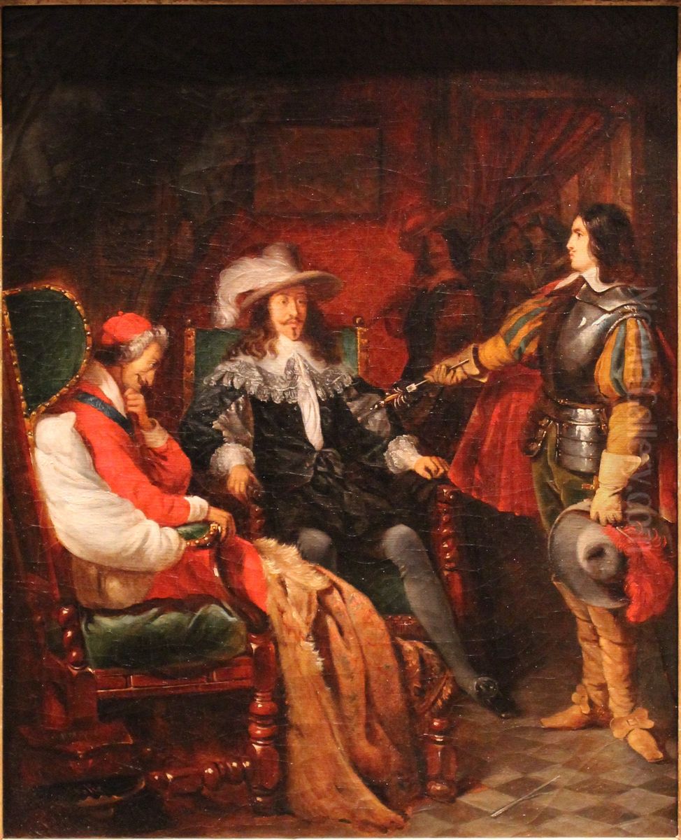 Cinq-Mars rendant son epee a Louis XIII. Oil Painting by Claudius Jacquand