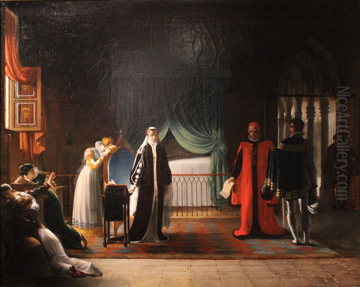 Marie Stuart, reine d'Ecosse, recevant sa sentence de mort que vient de ratifier le Parlement. Oil Painting by Jean Baptiste Vermay