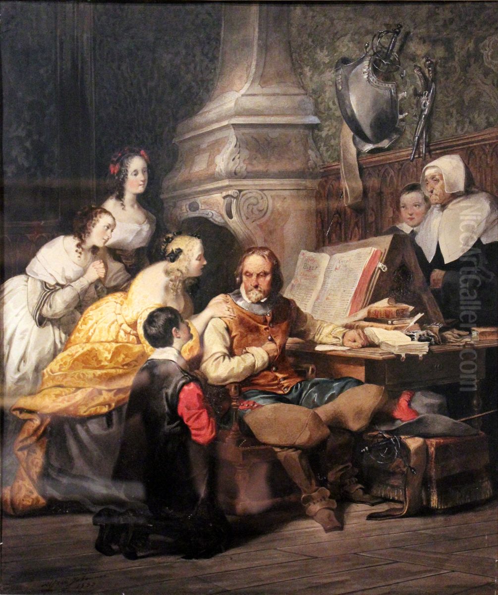 La Famille de Cromwell le suppliant de ne pas signer la condamnation de Charles Ier. Oil Painting by Alfred Johannot