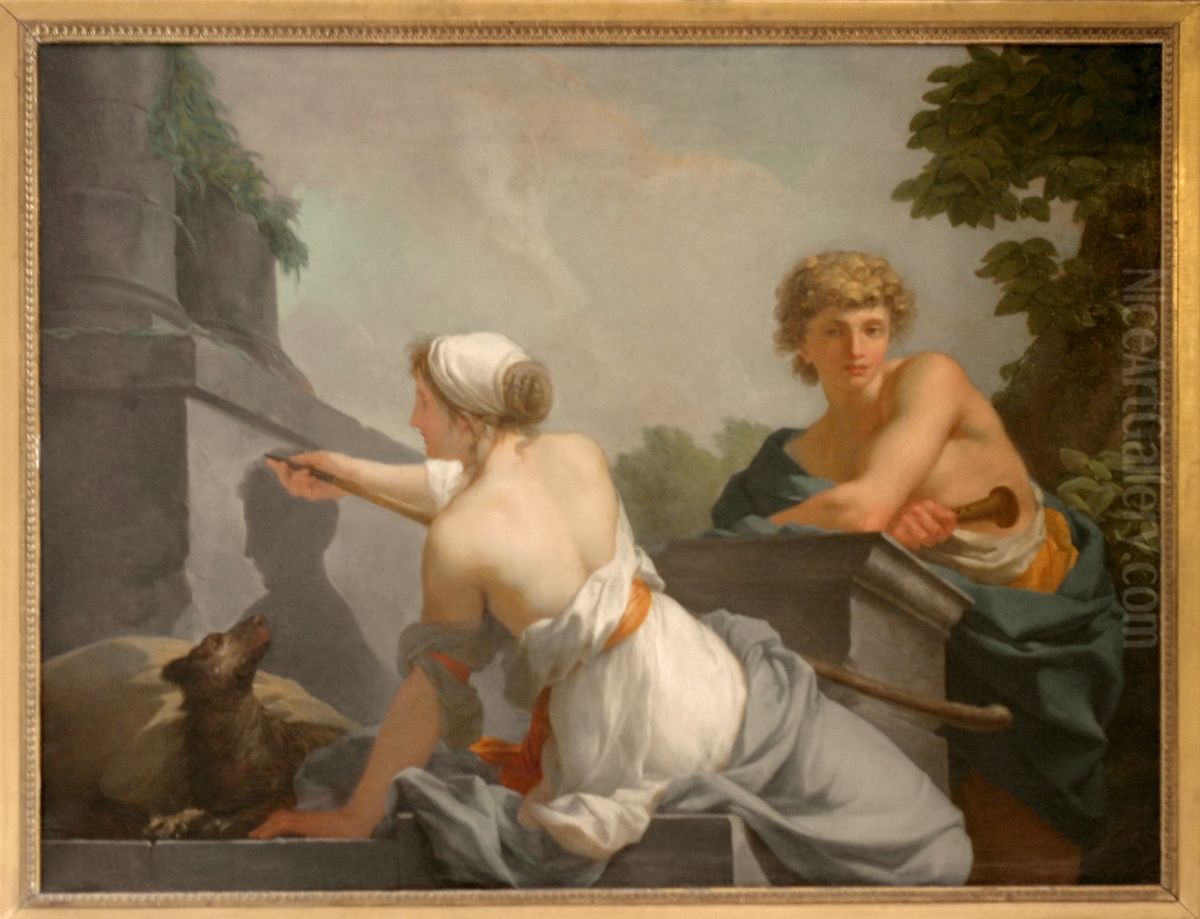 L'origine de la peinture, ou Dibutade dessinant le portrait de son amant Oil Painting by Jean-Baptiste Regnault