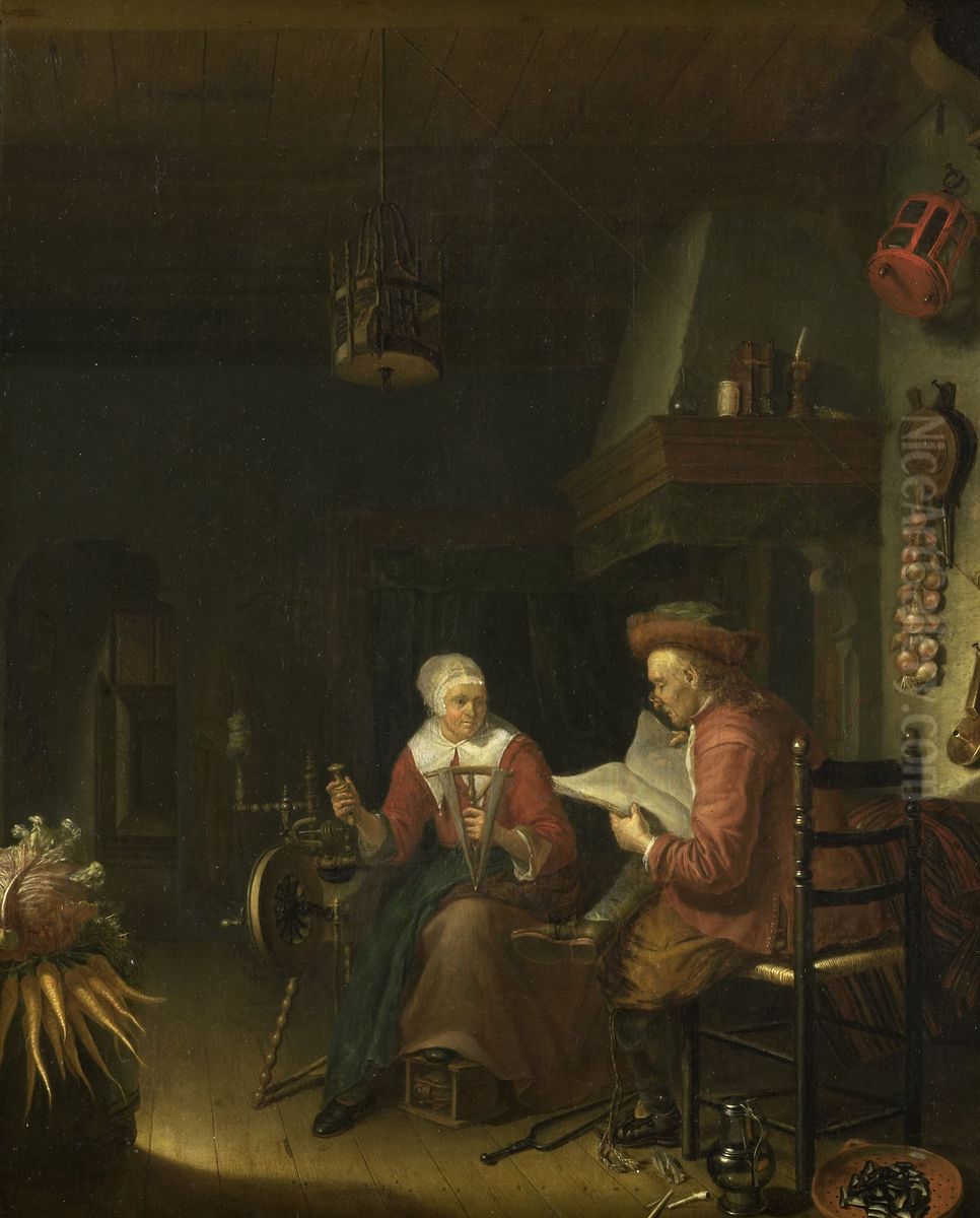 Interior with a man reading and a woman spinning yarn Oil Painting by Domenicus Van Tol