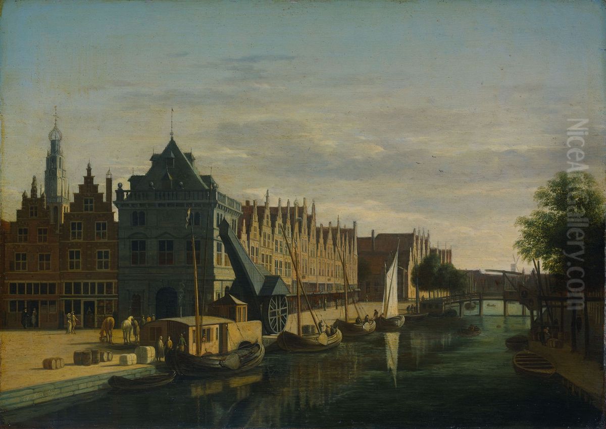De Waag (Weighing House) and Crane on the Spaarne, Haarlem Oil Painting by Gerrit Adriaenszoon Berckheyde