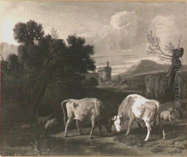 Landscape with Fighting Bulls Oil Painting by Dirck van der Bergen