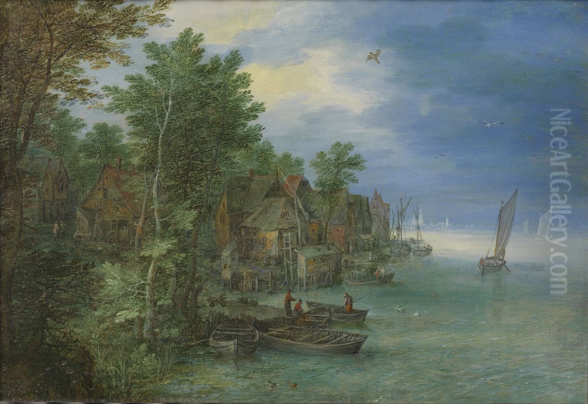 View of a Village along a River Oil Painting by Jan Brughel