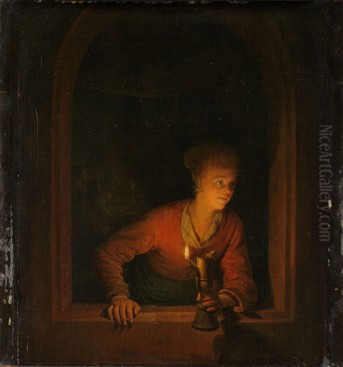 Jeune femme a sa fenetre eclairee par une lampe a l'huile Oil Painting by Gerrit Dou