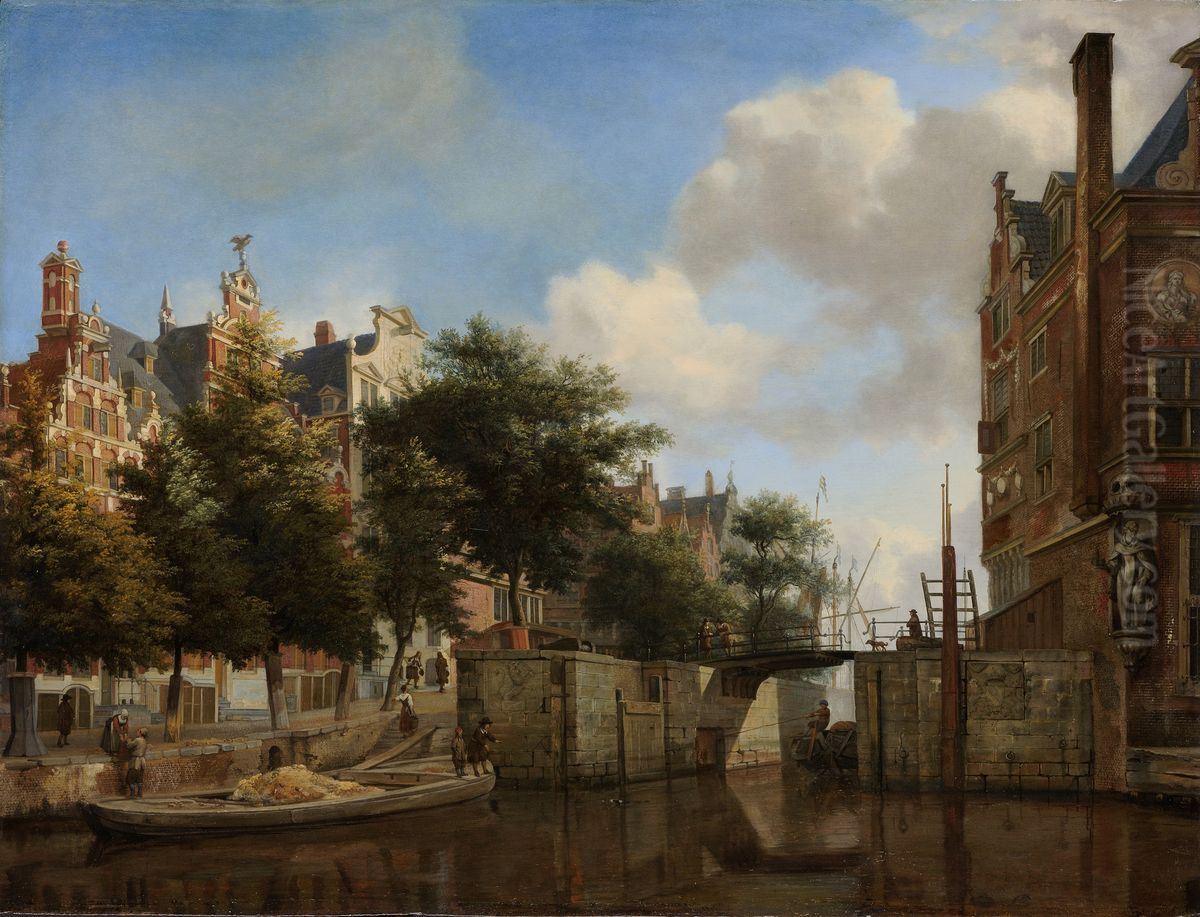 Amsterdam City View with Houses on the Herengracht and the old Haarlemmersluis Oil Painting by Jan Van Der Heyden