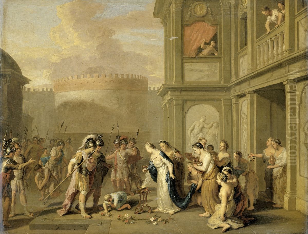 Koningin Kleophis biedt Alexander de Grote wijn aan na de verovering van Mazagae Oil Painting by Gerard Hoet