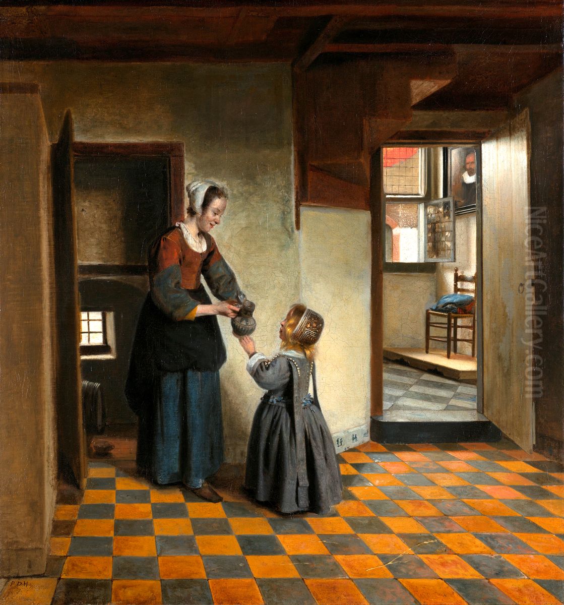 A Woman with a Child in a Pantry Oil Painting by Pieter De Hooch