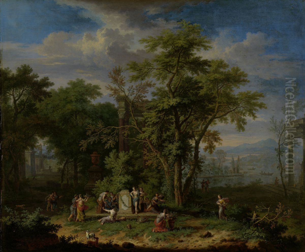 Arcadian Landscape with a Ceremonial Sacrifice Oil Painting by Jan Van Huysum