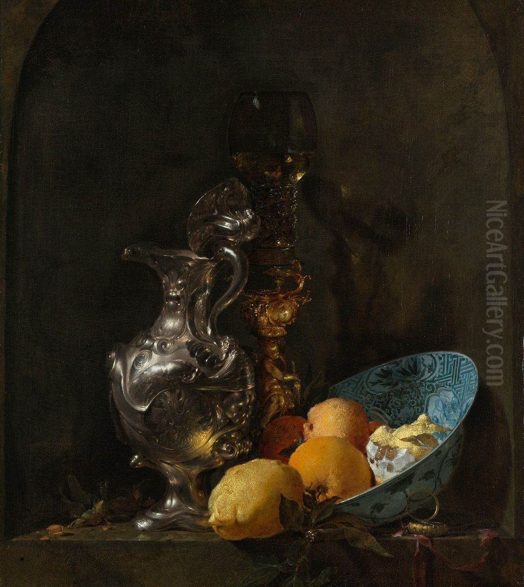 Still Life with a Silver Jug and a Porcelain Bowl Oil Painting by Willem Kalf