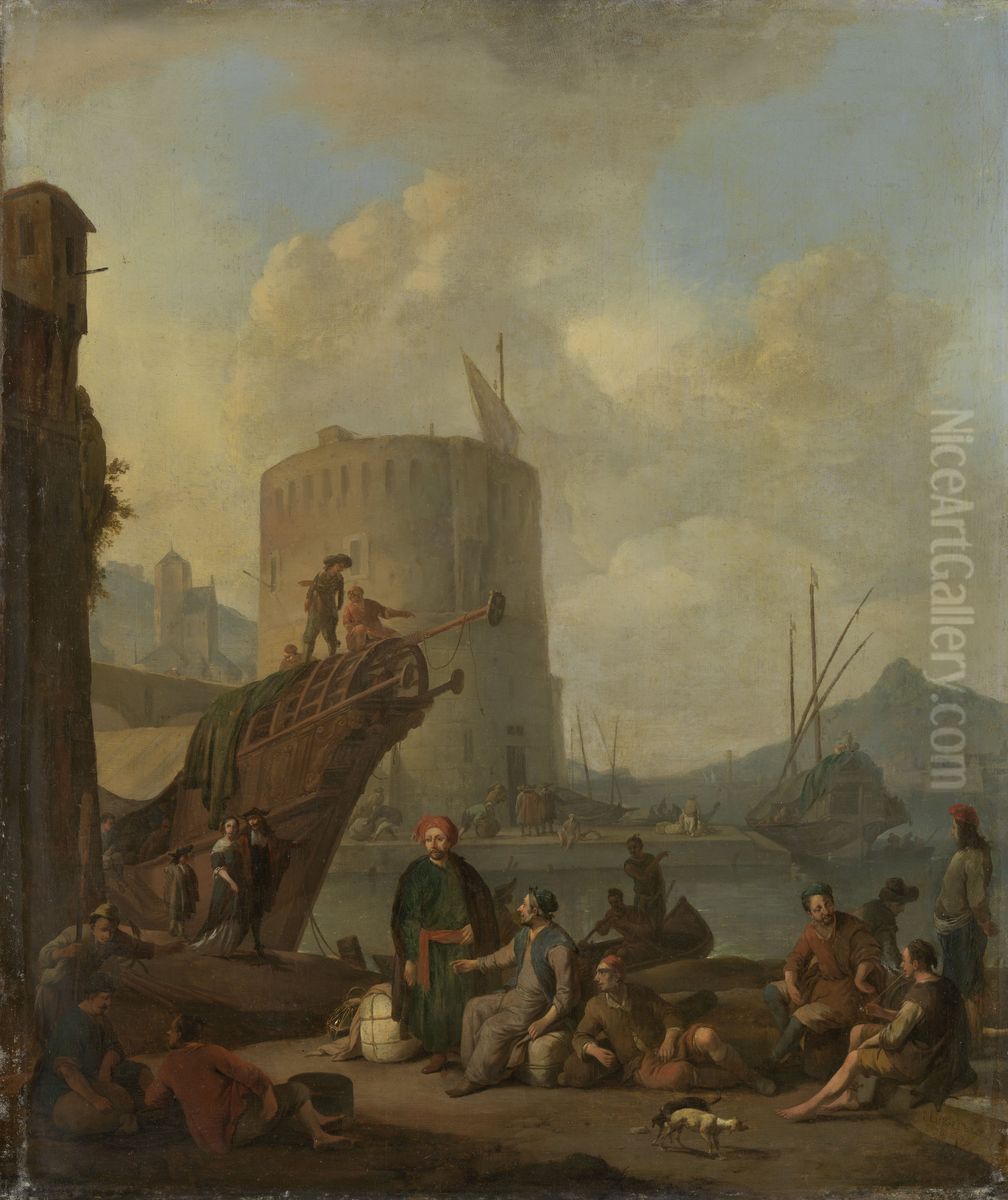 Italiaanse haven met vestingtoren Oil Painting by Johannes Lingelbach