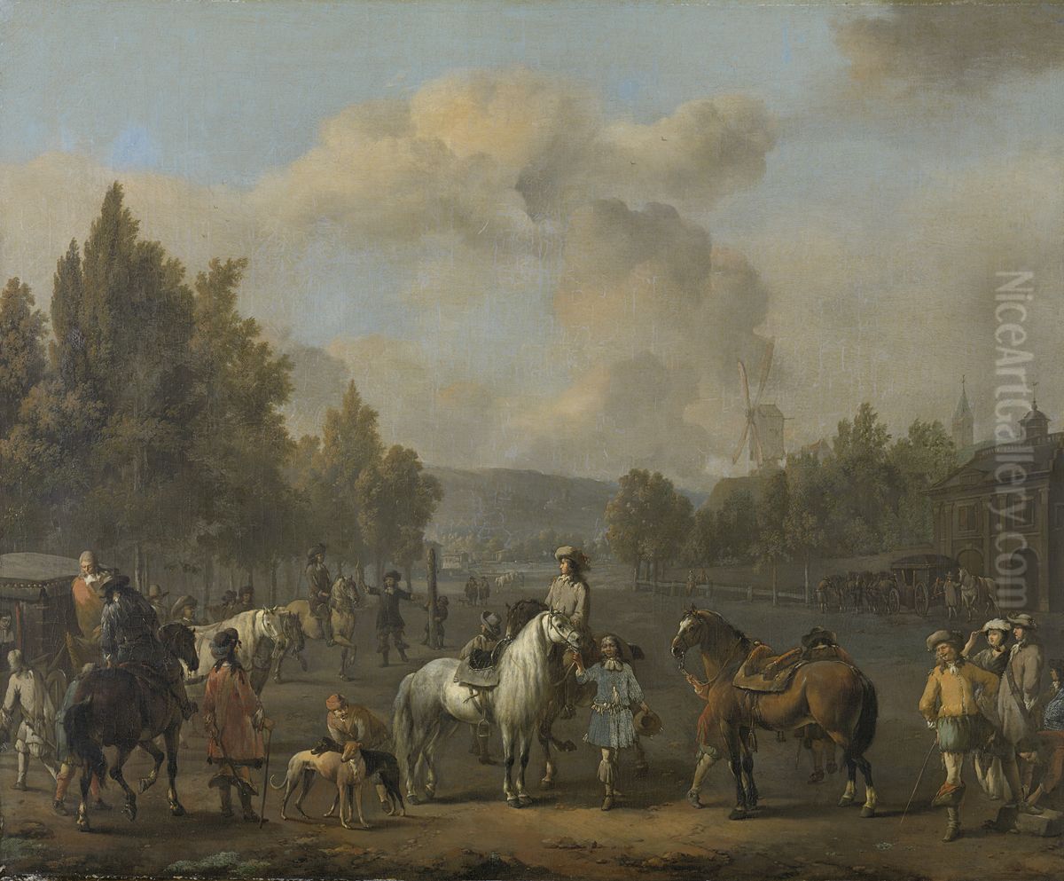 De rijschool Oil Painting by Johannes Lingelbach