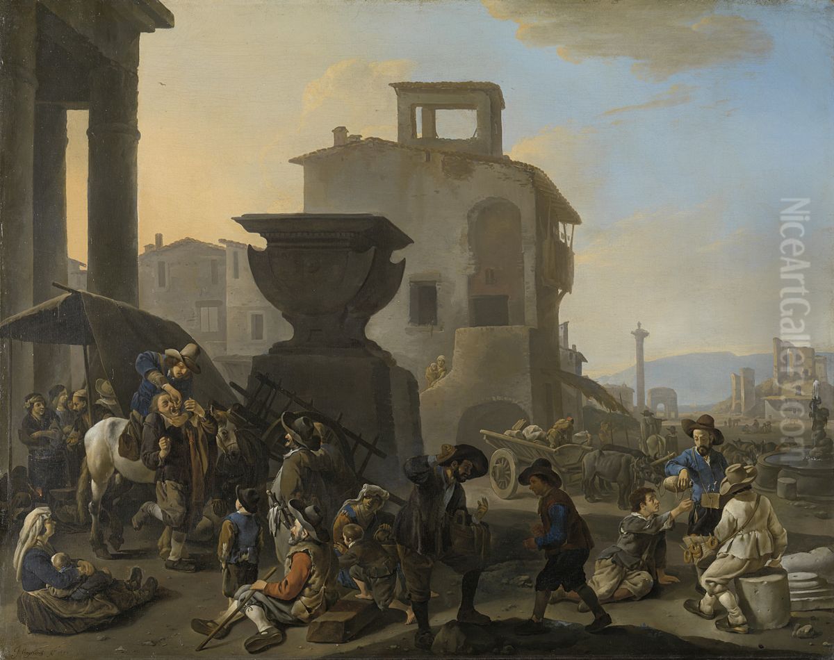 Italiaans marktplein met kiezentrekker Oil Painting by Johannes Lingelbach