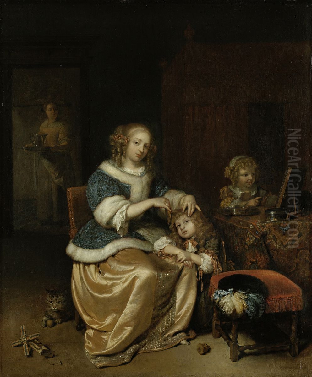 Interieur met een moeder die het haar van haar kind kamt, bekend als 'Moederzorg' Oil Painting by Caspar Netscher
