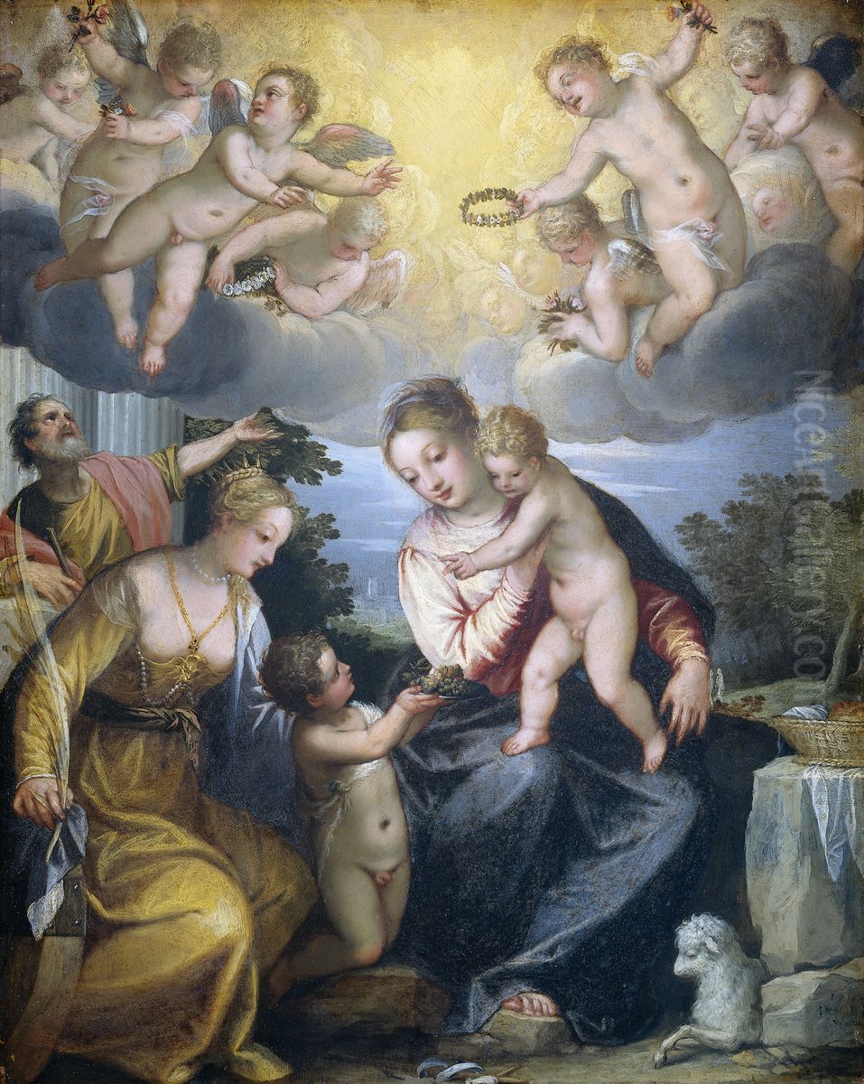 Maria met kind, de kleine Johannes en de heilige Catharina Oil Painting by Hans Rottenhammer