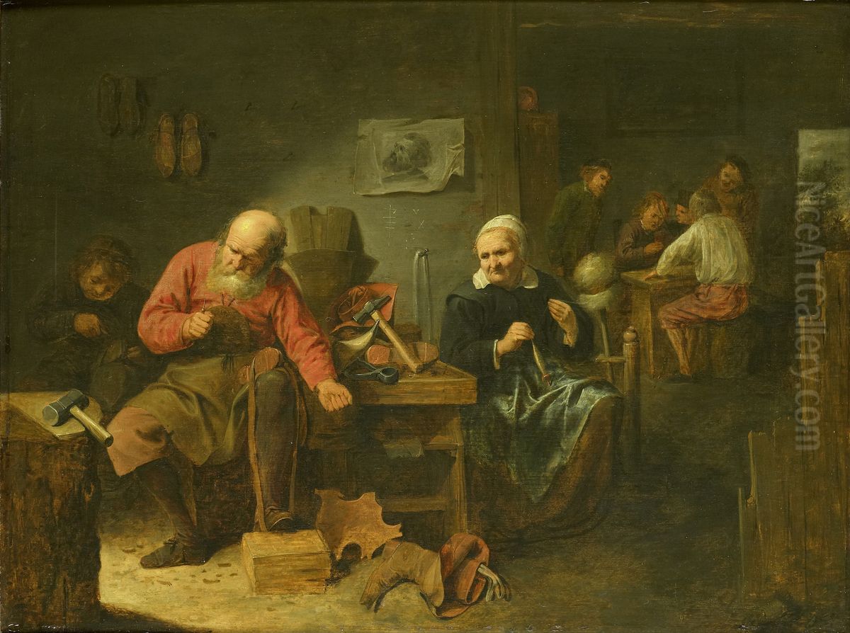 A Shoemaker's Workshop Oil Painting by David Ryckaert III