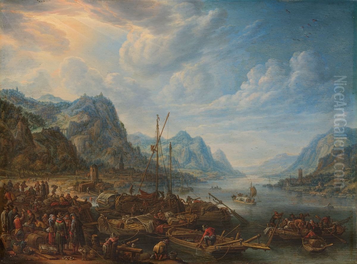 Riviergezicht met aanlegplaats Oil Painting by Herman Saftleven