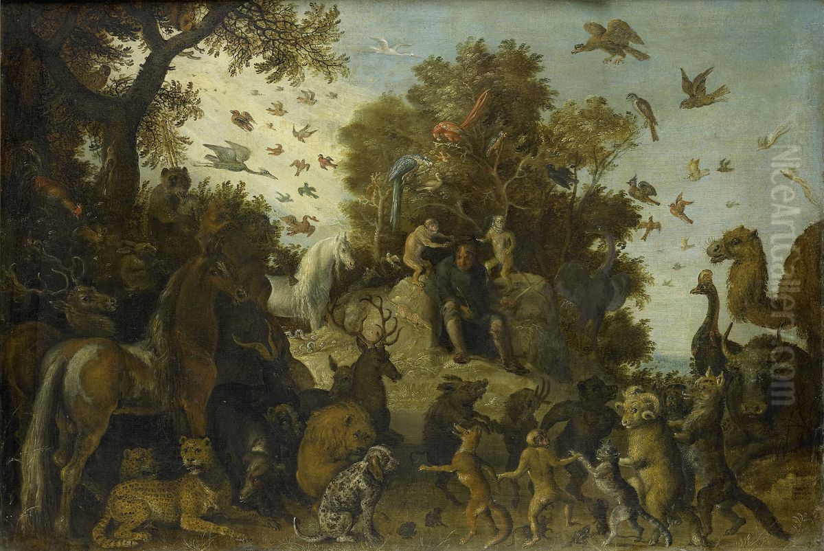 The poet crowned by two apes at the feast of the animals Oil Painting by Roelant Savery