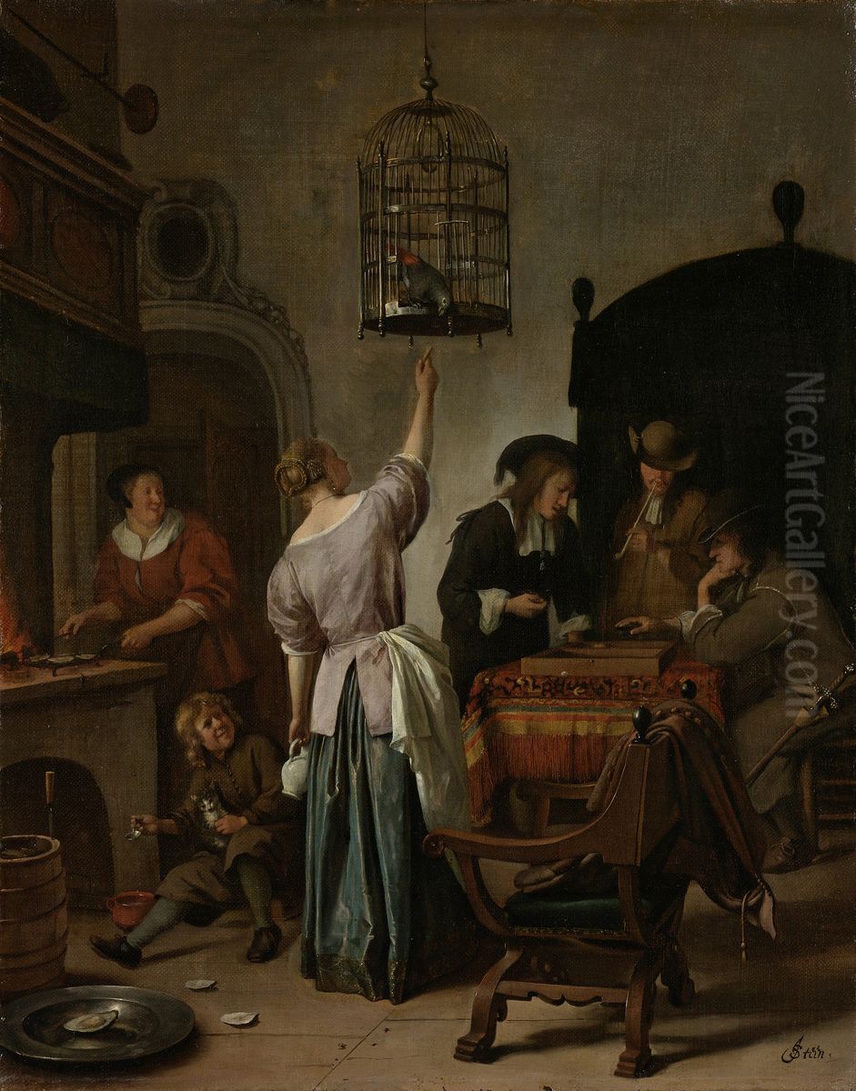 Interieur met een vrouw die een papegaai voert, bekend als 'De papegaaiekooi' Oil Painting by Jan Steen