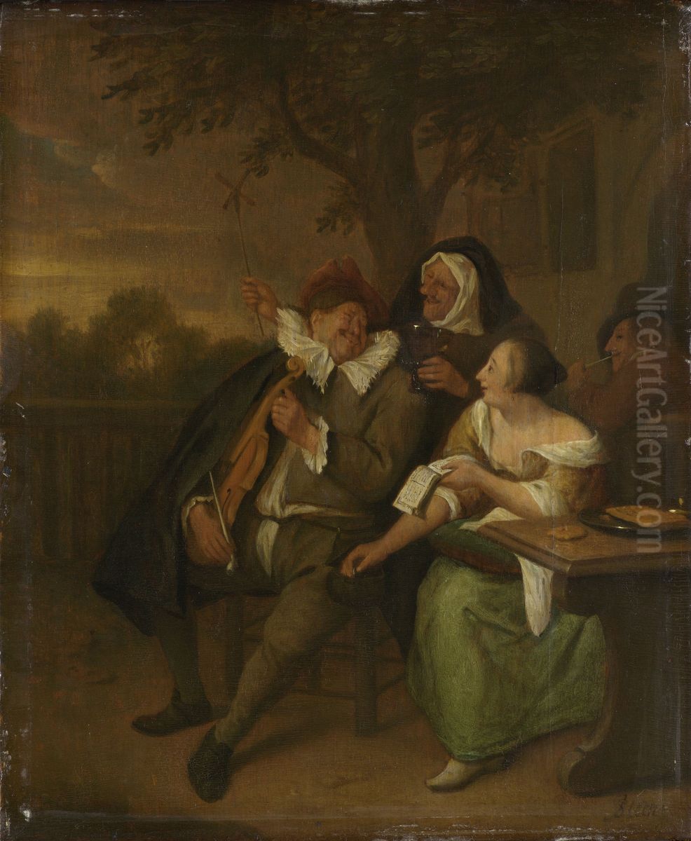 Man met een viool in slecht gezelschap Oil Painting by Jan Steen