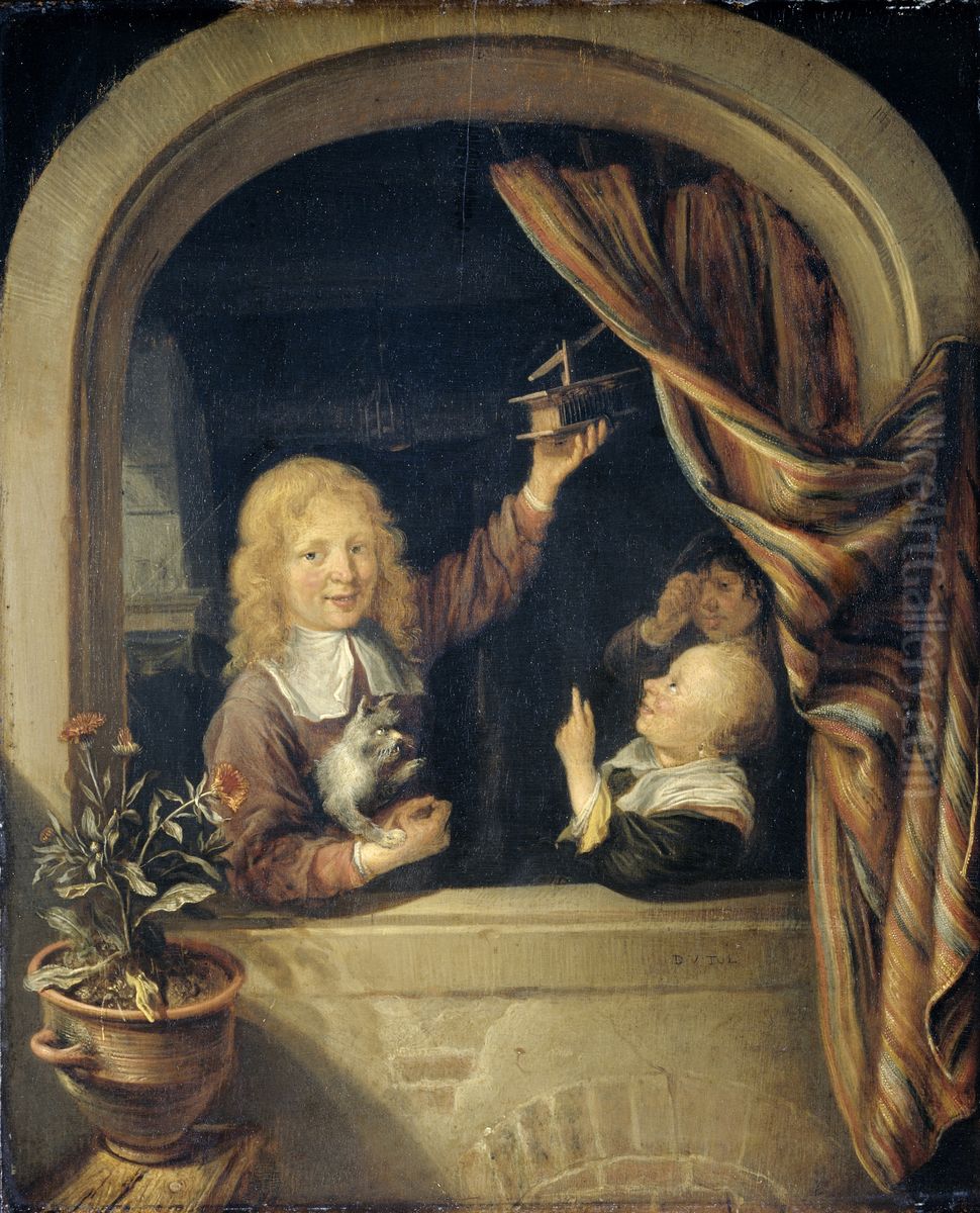 Kinderen met een muizenval Oil Painting by Domenicus Van Tol