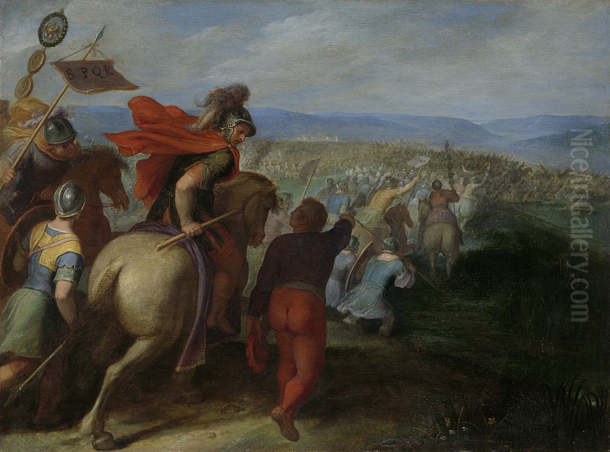 De Romeinen onder Cerealis verslaan Claudius Civilis door het verraad van een Bataaf Oil Painting by Otto van Veen
