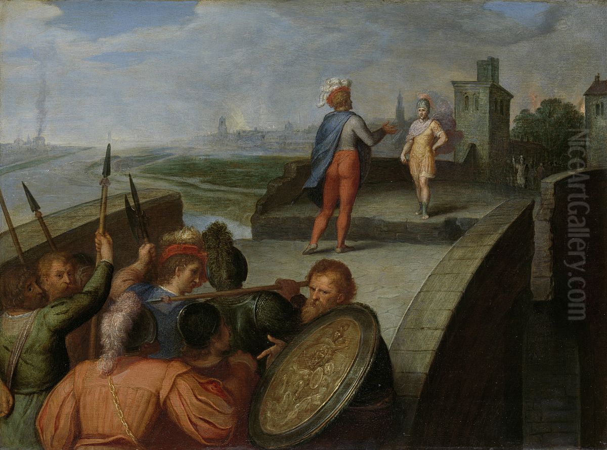 De vredesonderhandelingen tussen Claudius Civilis en de Romeinse aanvoerder Cerealis Oil Painting by Otto van Veen