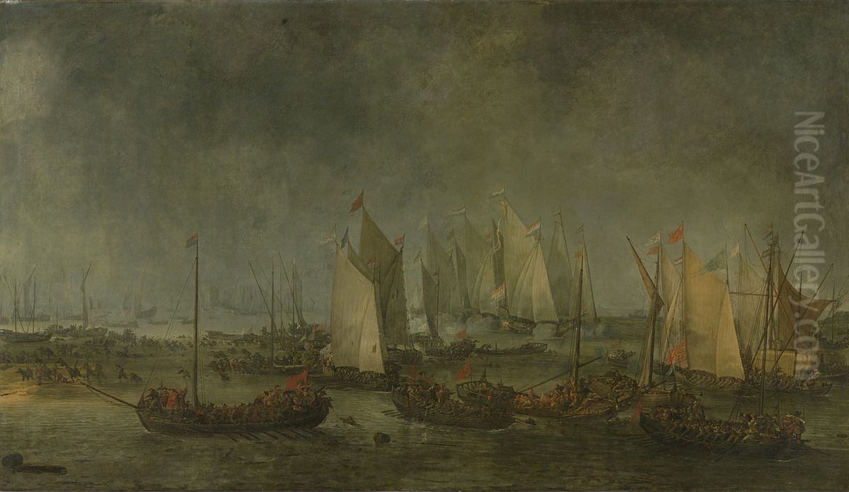 De slag op het Slaak tussen de Nederlandse en Spaanse vloten in de nacht van 12 op 13 september 1631 Oil Painting by Simon De Vlieger