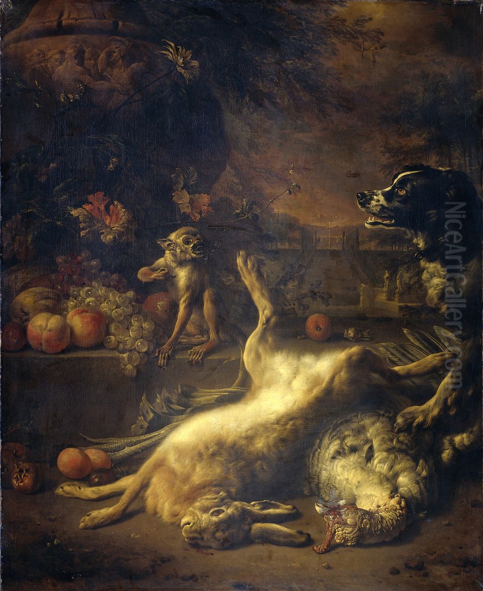 A Monkey and a Dog with Dead Game and Fruit Oil Painting by Jan Weenix