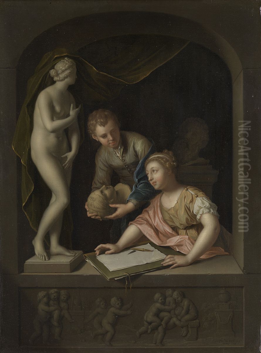 Een tekenares en een jongen bij een beeld van Venus Oil Painting by Pieter van der Werff