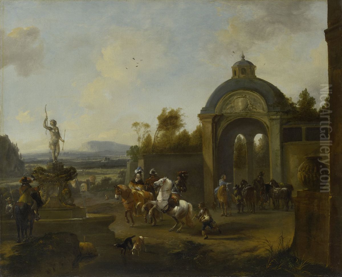 Jachtgezelschap bij een fontein Oil Painting by Pieter Wouwerman