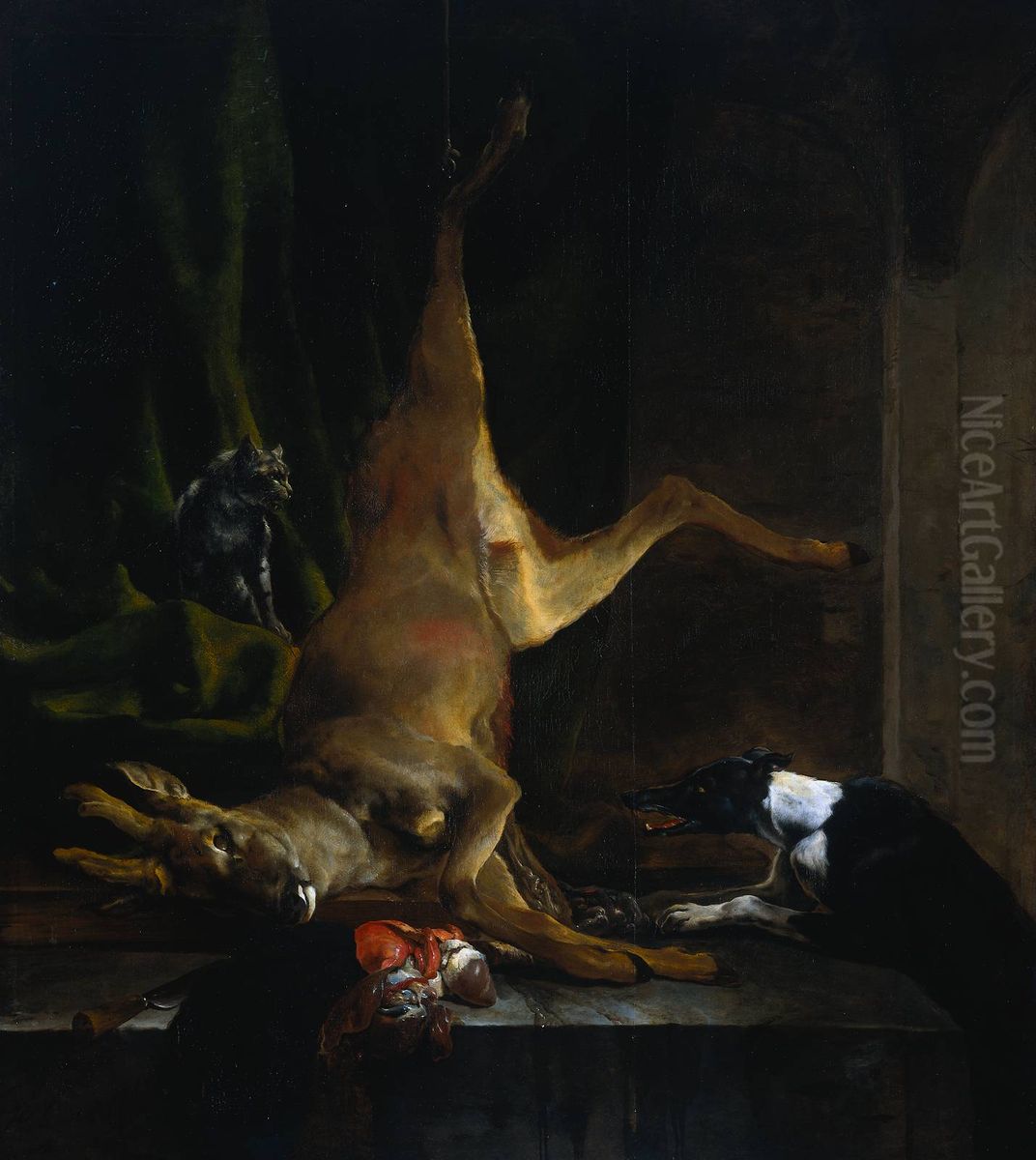 A Dog and a Cat near a partially disembowelled Deer Oil Painting by Jan Baptist Weenix