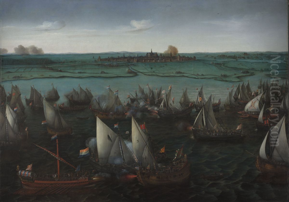 Battle between Dutch and Spanish Ships on the Haarlemmermeer Oil Painting by Hendrick Cornelisz Vroom