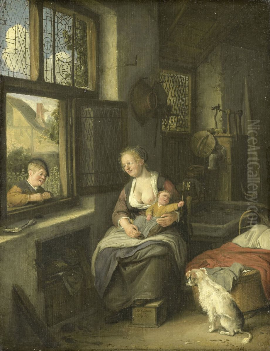 Een moeder met haar kinderen Oil Painting by Cornelis Dusart