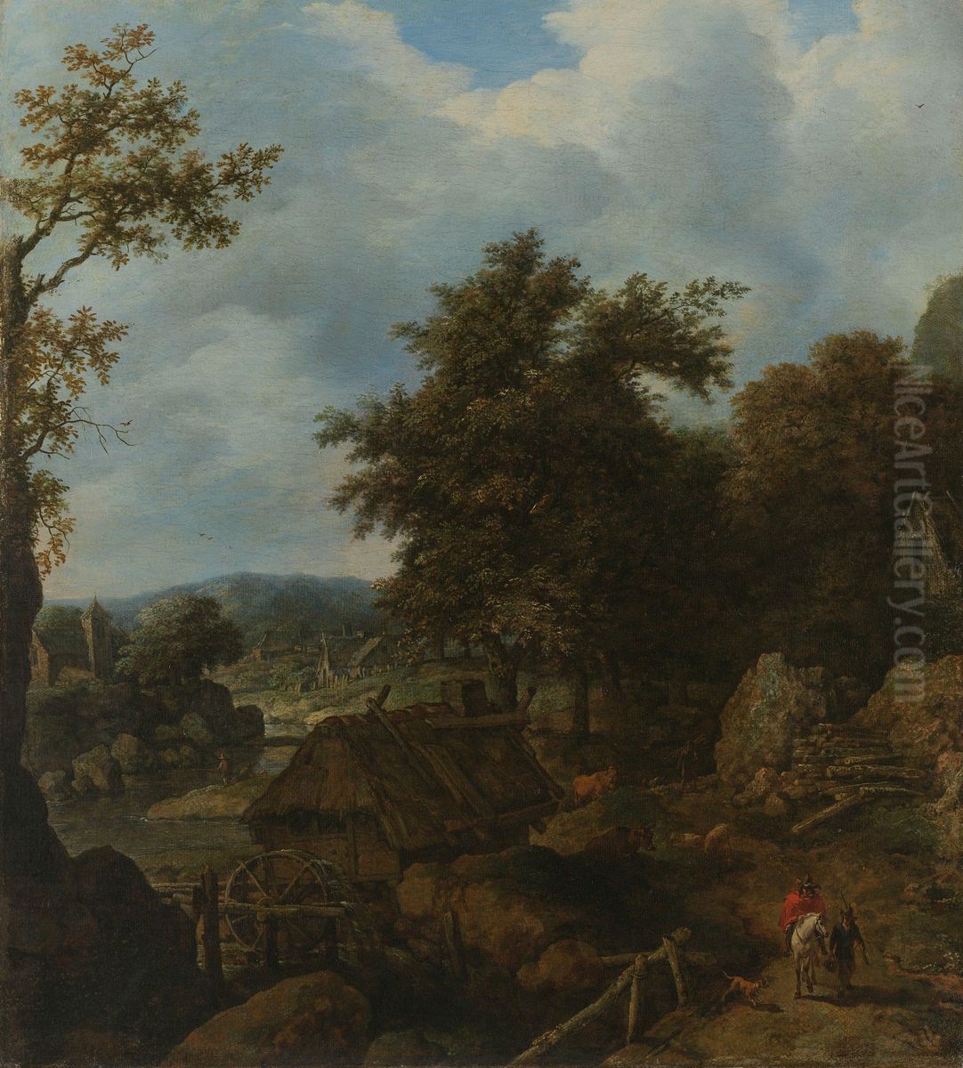 Zweeds landschap met een watermolen Oil Painting by Allaert van Everdingen