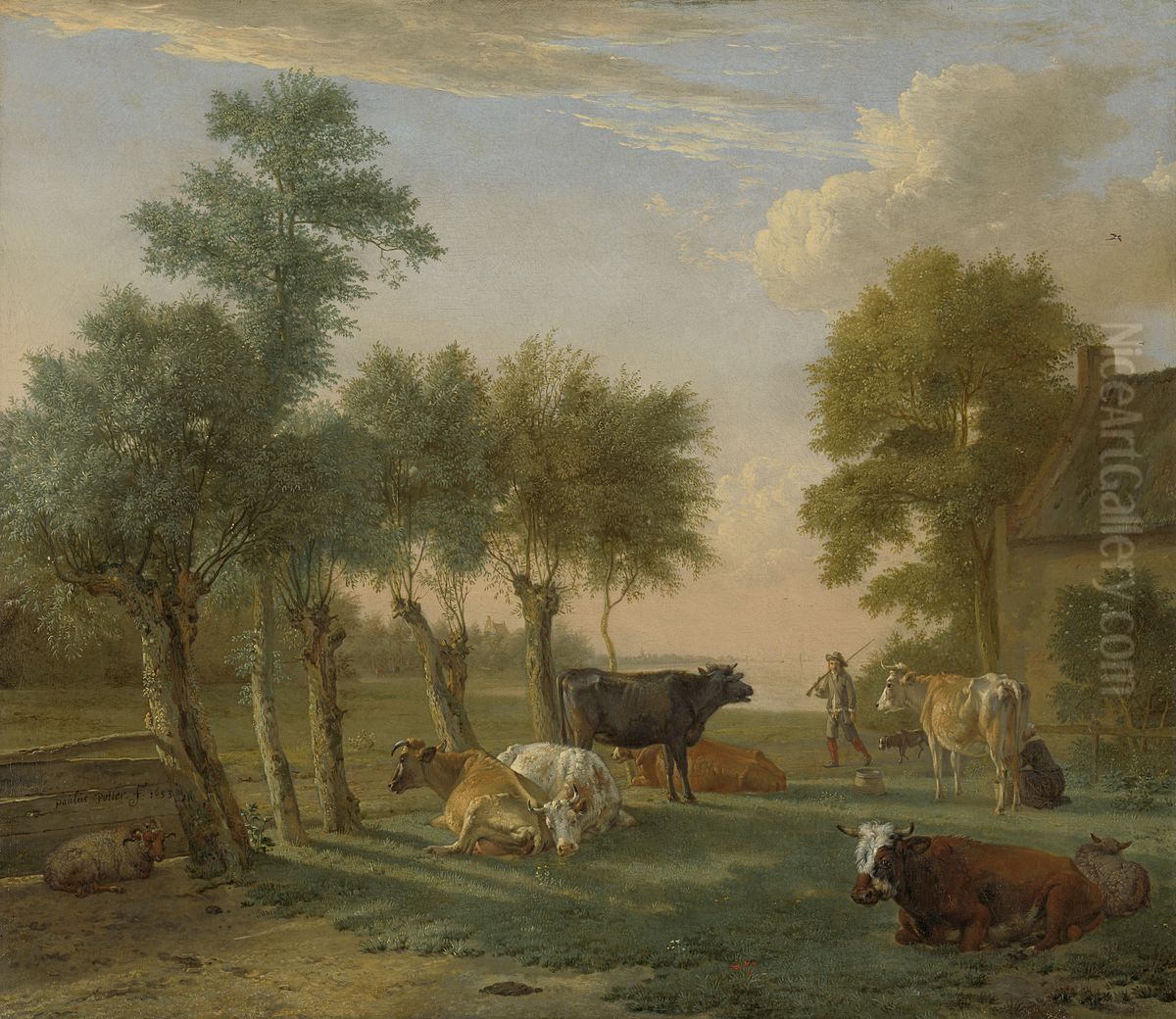 Koeien in de wei bij een boerderij Oil Painting by Paulus Potter
