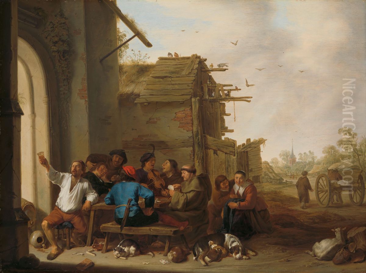 Gezelschap voor een dorpsherberg Oil Painting by Cornelis Saftleven