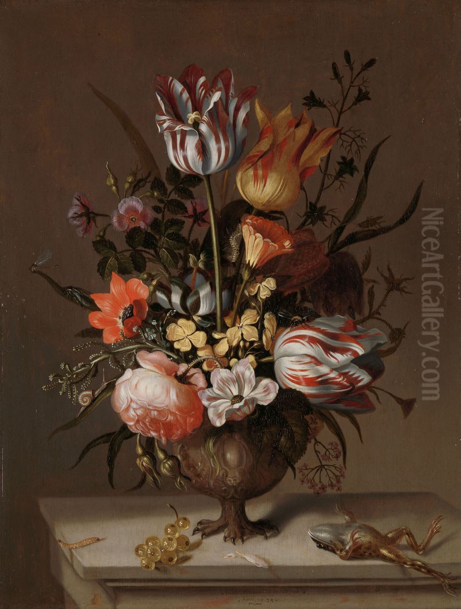 Stilleven met bloemenvaas en dode kikvors Oil Painting by Jacob Marrel