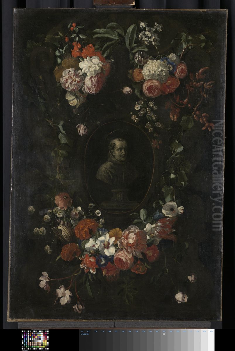 Wreath of Flowers encircling a Portrait of Hieronymus van Weert, Martyr of Gorkum Oil Painting by David Teniers the Younger