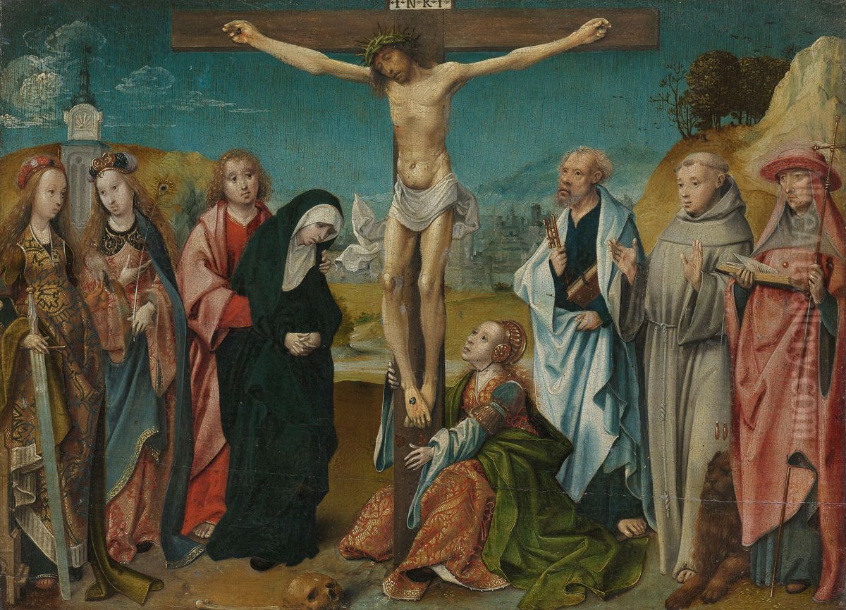 Christ on the Cross, with Mary, John, Mary Magdalene and Sts Cecilia and Barbara (left) and Peter, Francis and Jerome (right) Oil Painting by Cornelis Engebrechtsz.