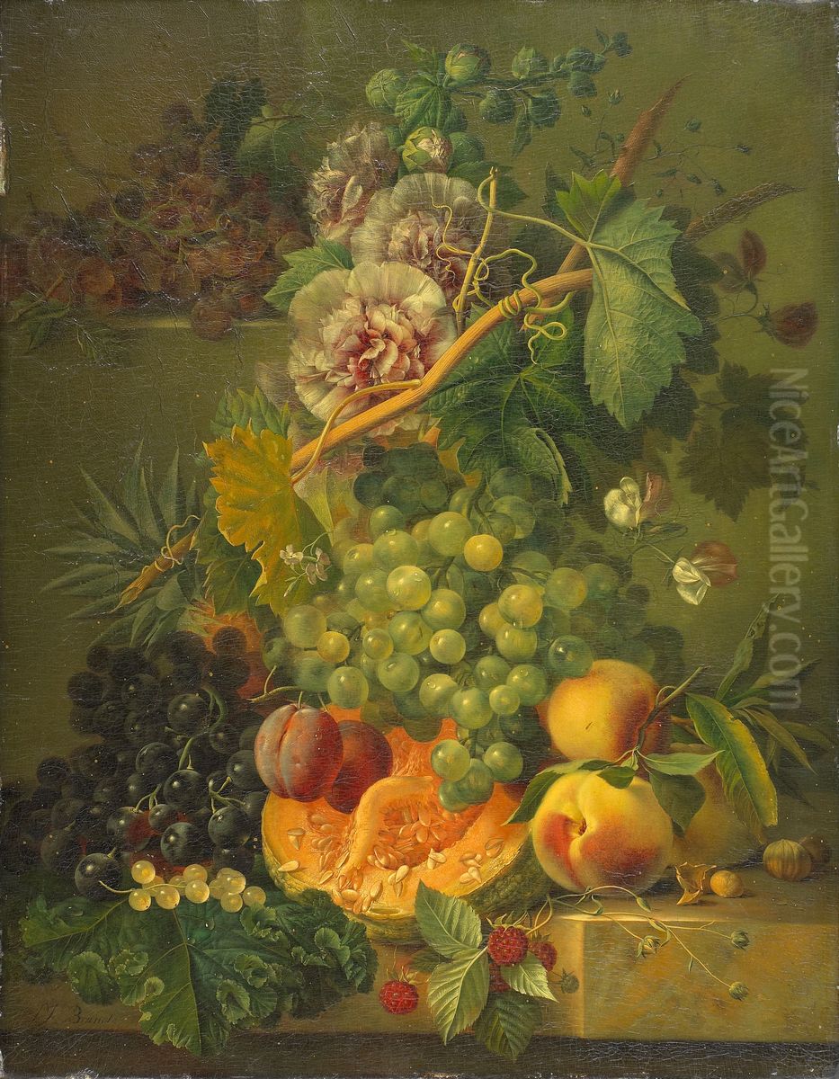 Still Life with Flowers and Fruits Oil Painting by Albertus Jonas Brandt