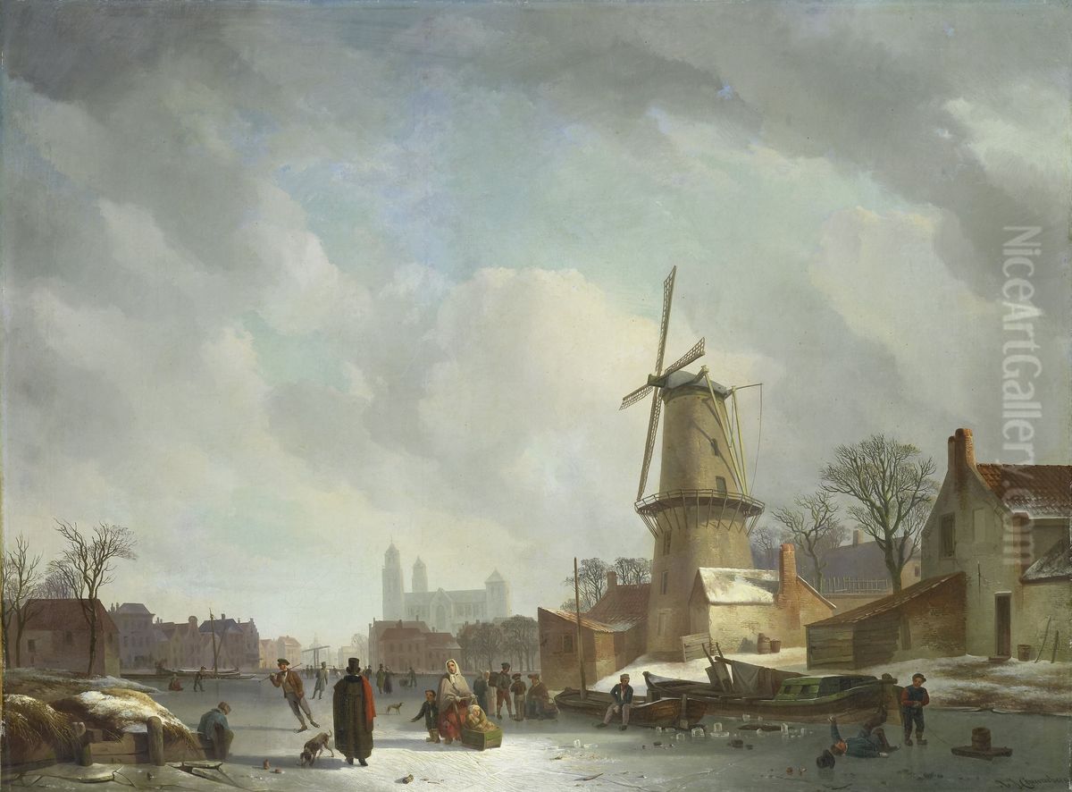 IJsvermaak op een stadsgracht Oil Painting by Abraham Johannes Couwenberg