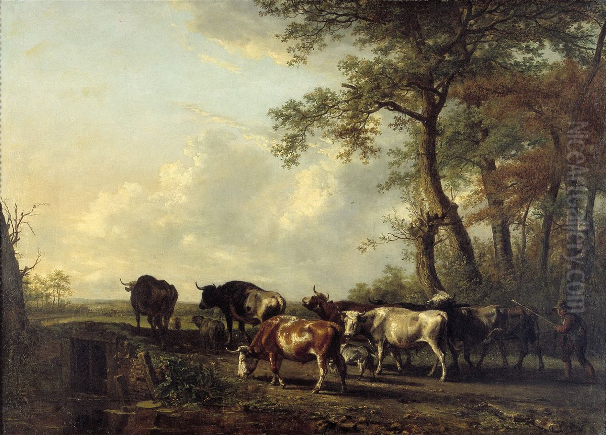 A Herd of Cattle Crossing a Ford Oil Painting by Jan Kobell II